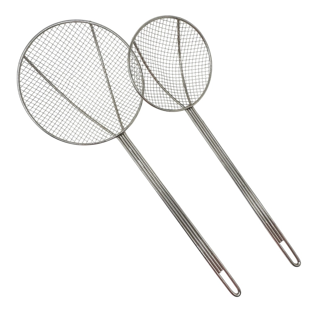 Vintage Stainless Steel Spider Skimmer Strainer Set 2pc Long Handle 9in 7.5in